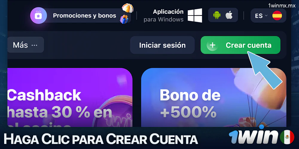Botón de inscripción en el sitio web de 1win
