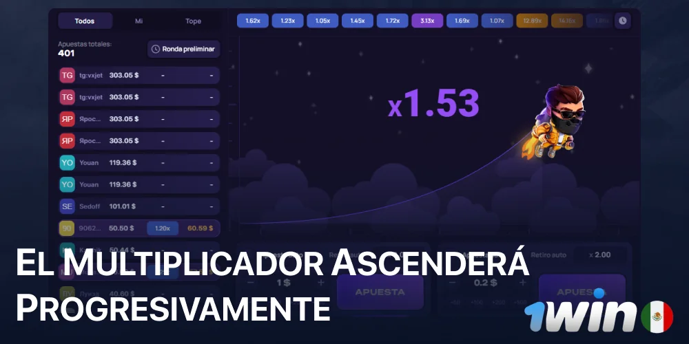 El multiplicador de 1win Lucky Jet ascenderá progresivamente